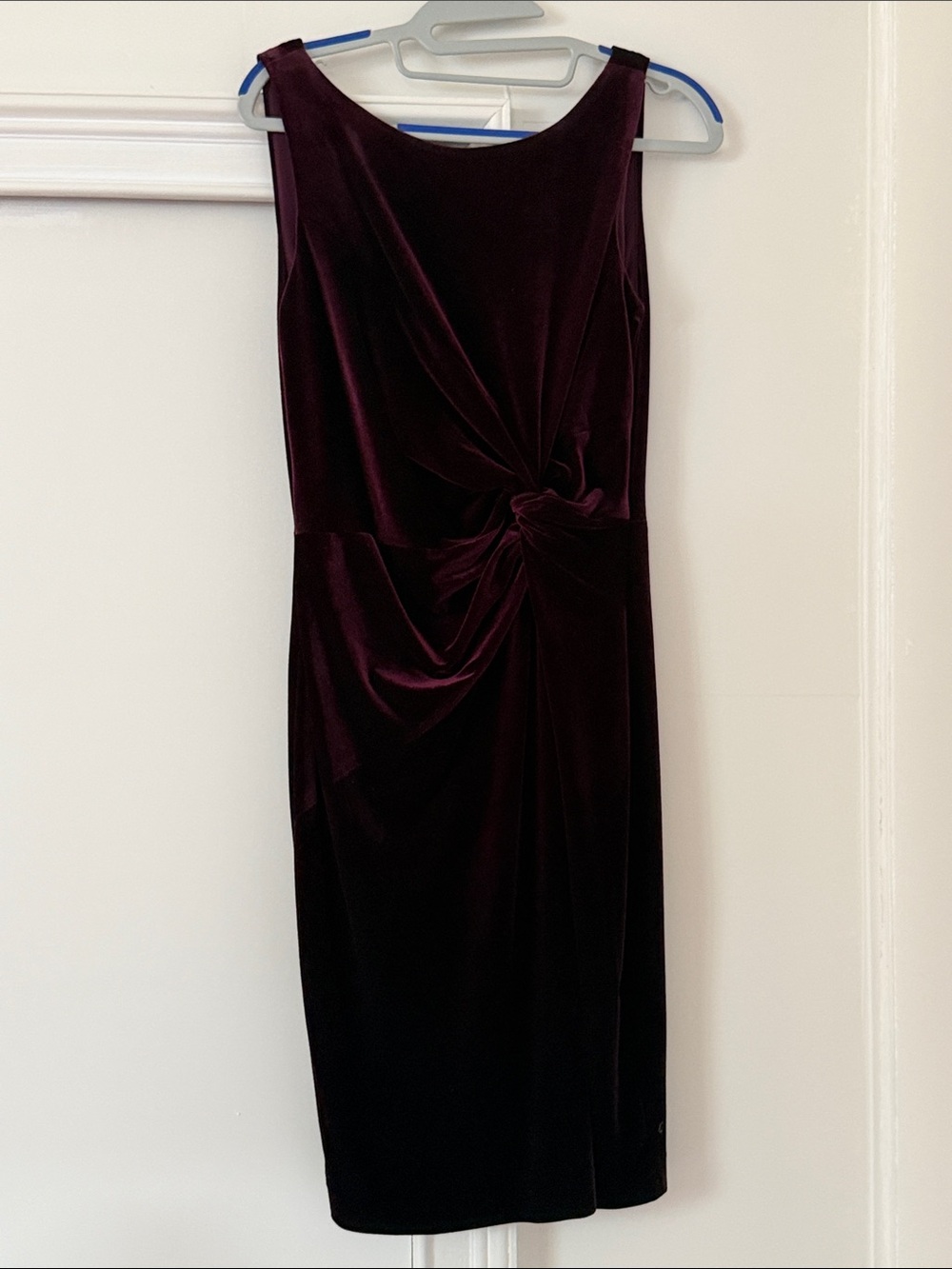 Calvin Klein Sleeveless Velvet Knot-Front Midi Dress in Plum